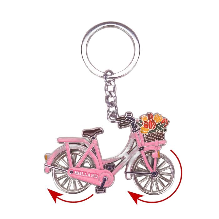 Metal bicycle keyring with spinning wheels Holland pink silver
