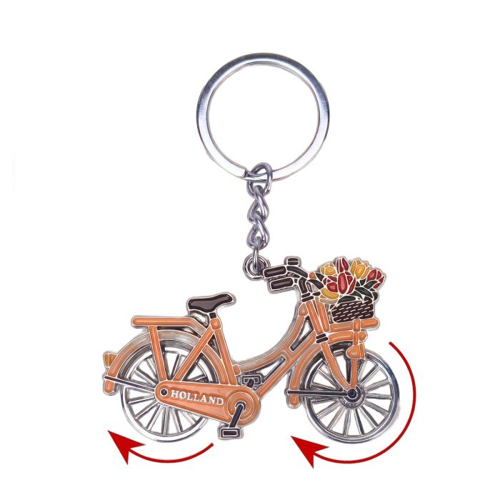 Metal Holland bicycle keychain with spinning wheels - orange/silver