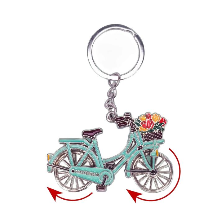 Sleutelhanger metaal fiets draaiende wielen Amsterdam - groen/zilver