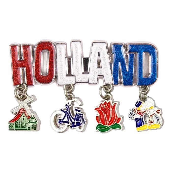 Magnetic metal charm magnet with glitter lettering – Holland (silver)