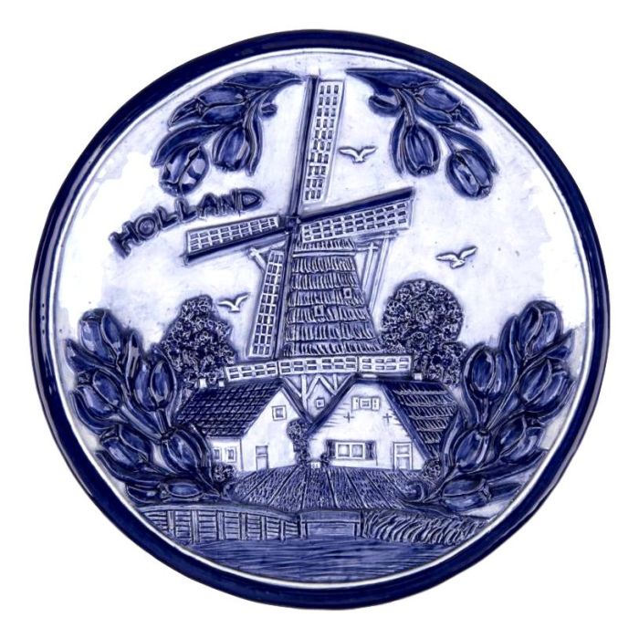 Wandbord Delfts blauwe Hollandse tulpen en molen, 10 cm (klein)