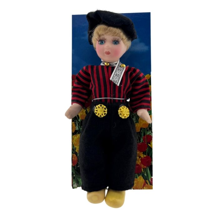 Klederdracht Pop Jongen Volendam Zwart/Rood, 17 cm