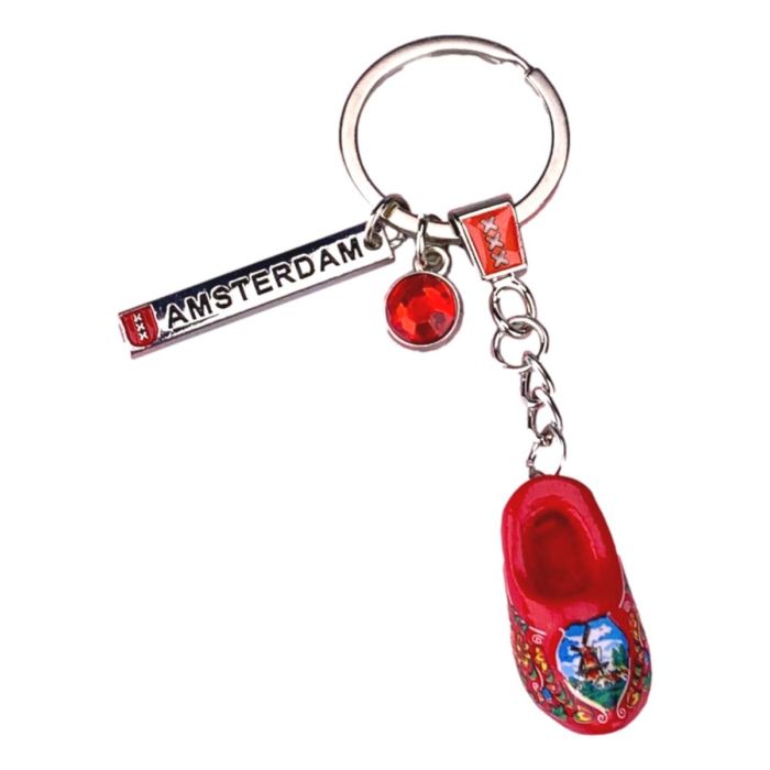 Wooden clog keychain with Amsterdam charms – red