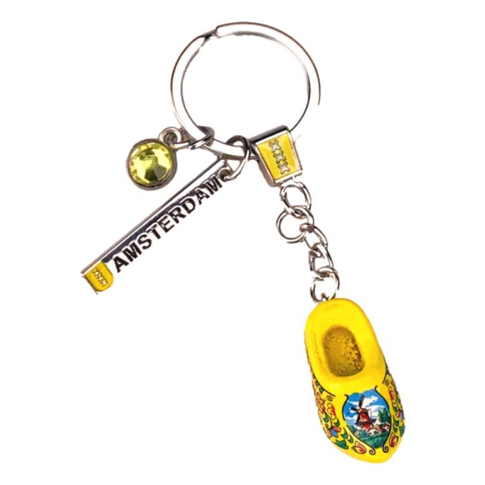 Wooden clog keychain with Amsterdam charms – yellow