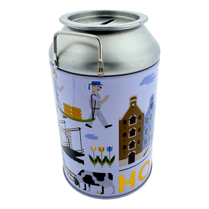 Milk-can-shaped money box gift with traditional Dutch sweets