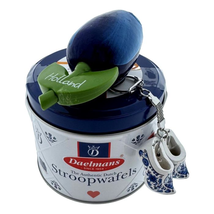 Blauwe Houten Tulp XL met Stroopwafels in Blik 