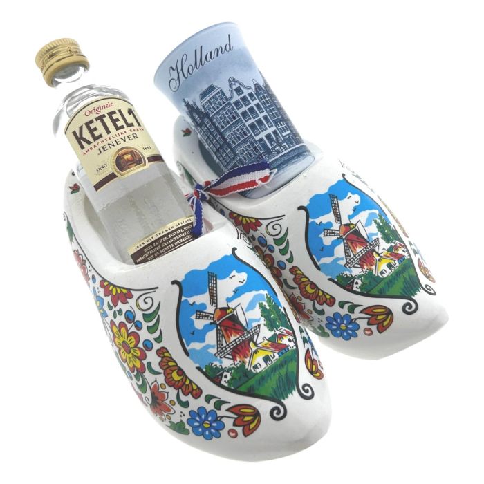 Wooden clogs with dutch gin in gift wrapping
