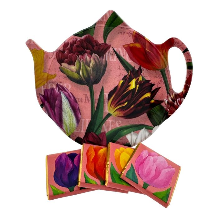 Cadeauset: Chocolade en theezakjeshouder met tulpenmotief Roze