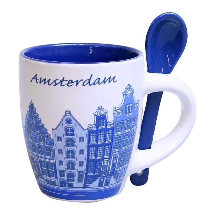 Espresso Mokje Grachtenpanden Blauw met Lepel