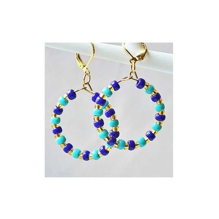 Ronde oorbellen met Miyuki 4mm kralen in kobalt blauw en turkoois groen