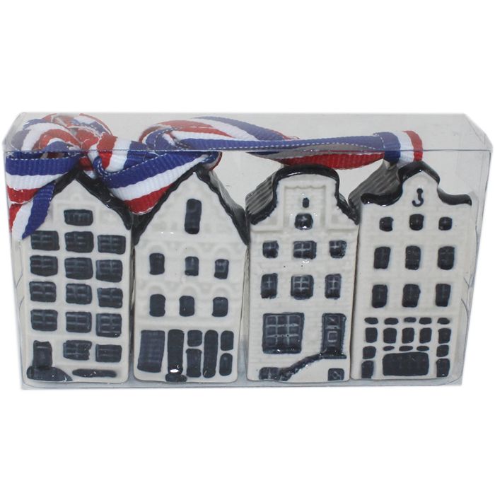 4 Mini Grachtenhuisjes Delfts blauw  set in doosje- 5cm 