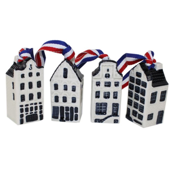 4 Mini Grachtenhuisjes Delfts blauw  set in doosje- 5cm 