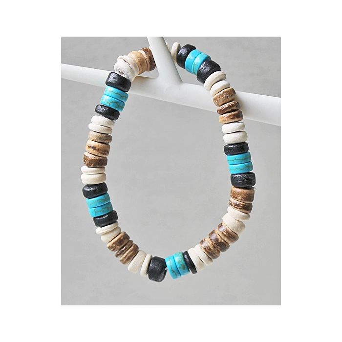 Surfer armband 8mm kralen turkoois, wit en kokos bruin.