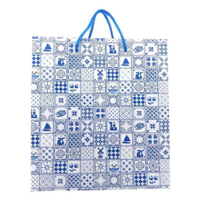 Luxe Delft Blauw gekleurde papieren cadeau tas, groot