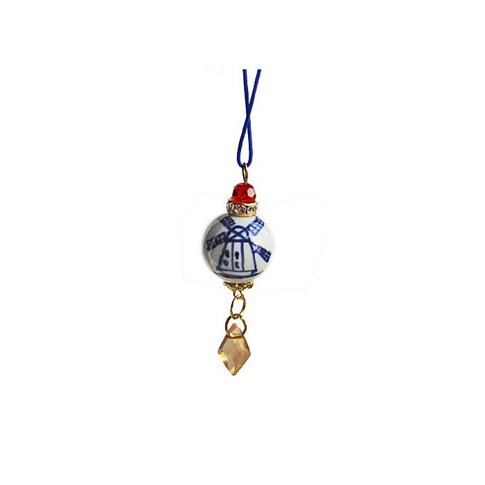 Christmas pendant delftblue mill with facetted red bead