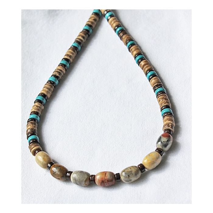 Ketting Agaat, kokos en turkooiskleur howliet