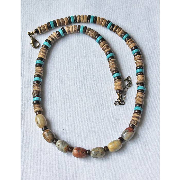 Ketting Agaat, kokos en turkooiskleur howliet