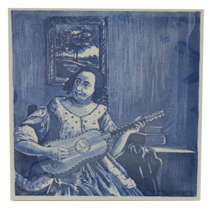Delfts blauwe tegel - "De gitaarspeelster, Vermeer", 15 cm 