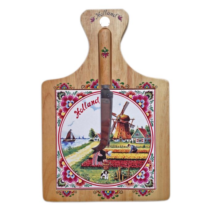 Cheeseboard with polychrome tile and knife