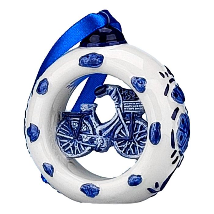 Delft Blue Christmas Ornament Ring with Bicycle