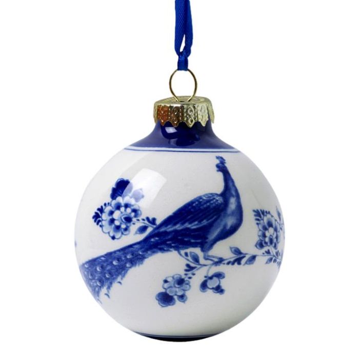 Delfts blauwe kerstbal met pauw, 7 cm 