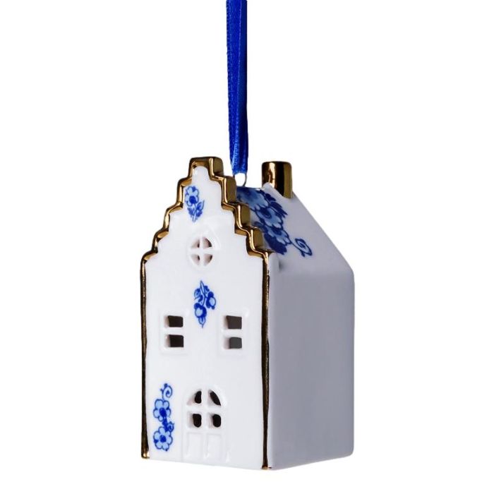 Delft Blue Christmas House – Stepped Gable with Gold Accent