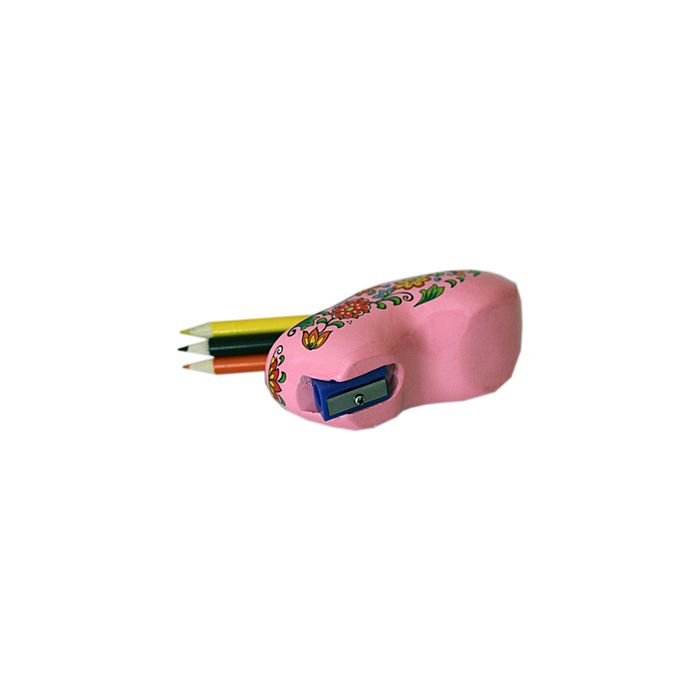 Pink clog with pencils and sharpener