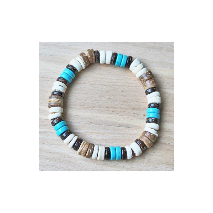 Surfer armband 8mm kralen turkoois, wit en kokos bruin.