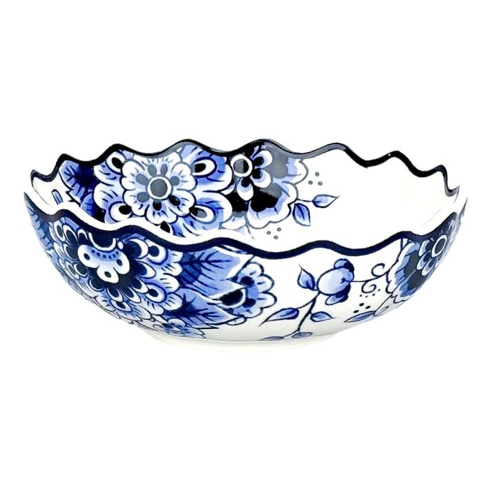 Scalloped Ceramic Bowl - Delft Blue Motif - 12.5 cm