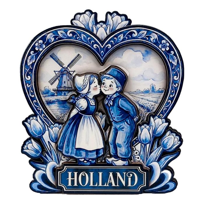 Magnet: Kissing Couple in a Heart with Tulips – Delft Blue