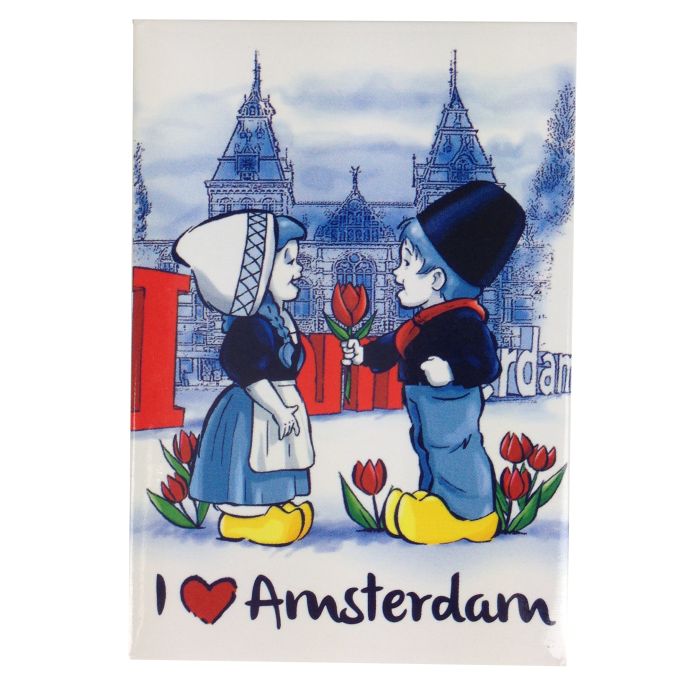 Fridge  magnet Dutch couple in front of I Love Amsterdam