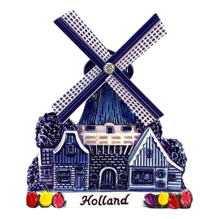 Dutch Windmill Magnet with Tulips - Delft Blue