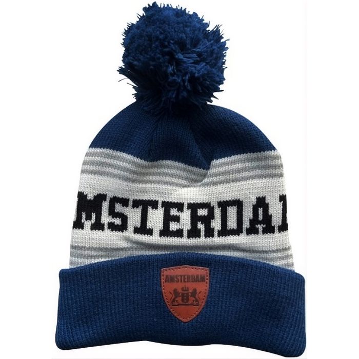 Amsterdam Beanie with Pom and Leather Badge Blue