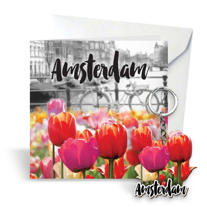 Postcard Amsterdam Tulips with keychain
