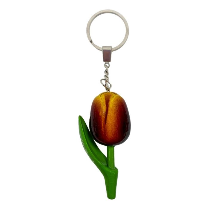 Sleutelhanger Houten Tulp Geel/Bordeaux, 8cm 