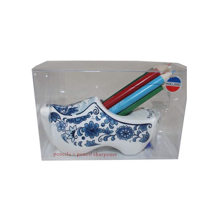 Clog with pencils and sharpener