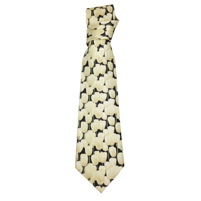 Stropdas Grijs Beige Tulpen op zwart