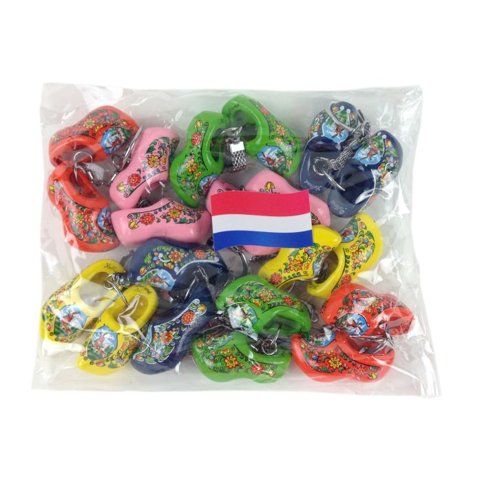 10 gekleurde dubbel houten Holland Klomp sleutelhangers in zakje 4cm
