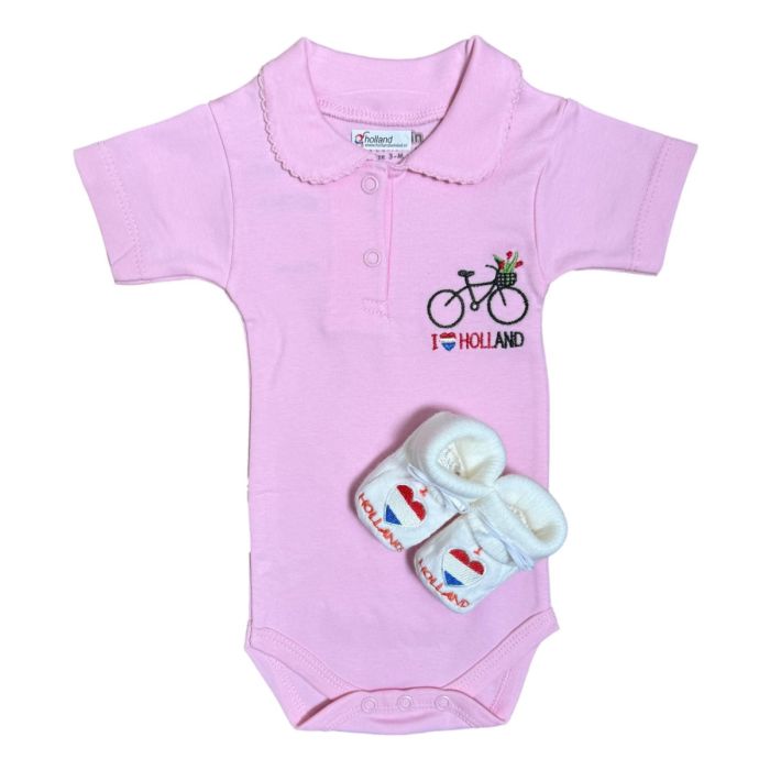 Baby Poloromper Cadeauset Fiets Holland Roze (0-3 maanden)