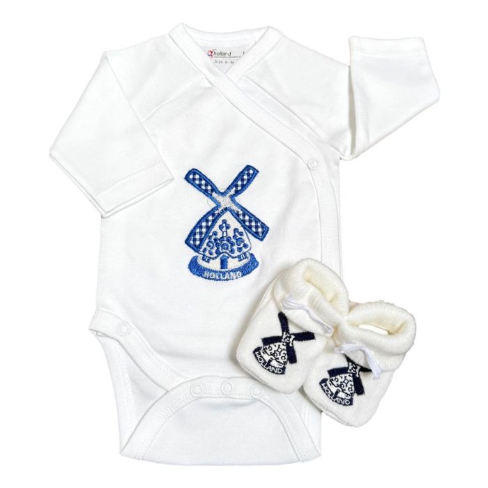 Baby romper cadeauset Blauwe Molen met slofjes 3-6 mnd