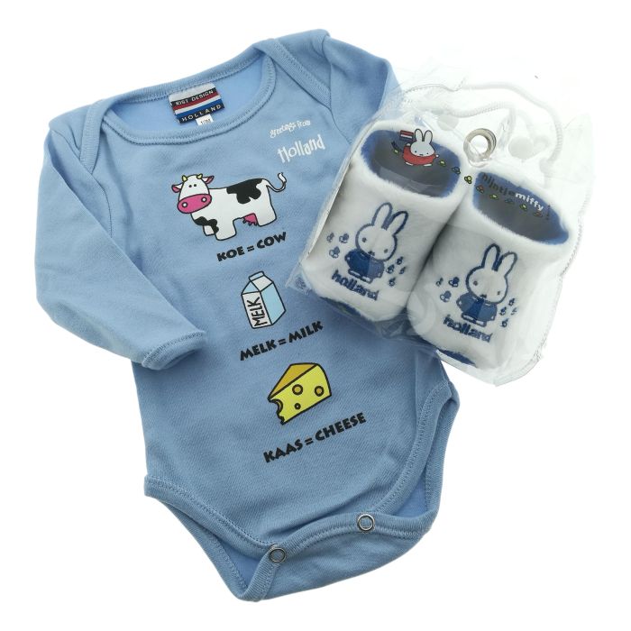 Cadeauset Baby Romper Blauwe Koe met Slofjes