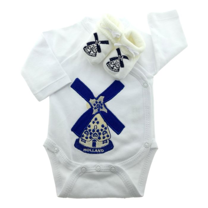 Baby romper cadeauset Blauwe Molen met slofjes (0-3 maanden)