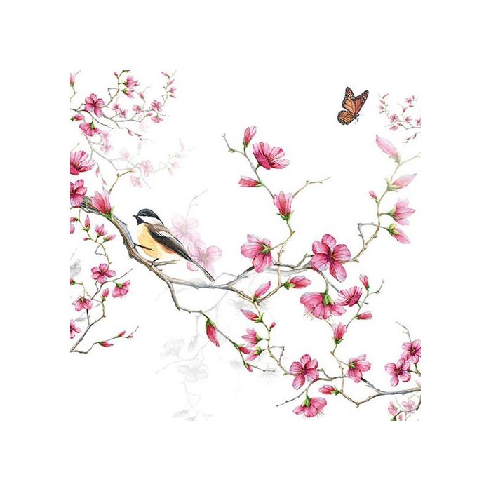 Pakje Servetten "Vogels & Bloesems , Wit" (20 stuks)