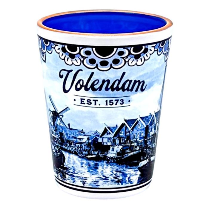 Shotglas Delfts Blauw Volendam – Souvenir met Haven en Molen