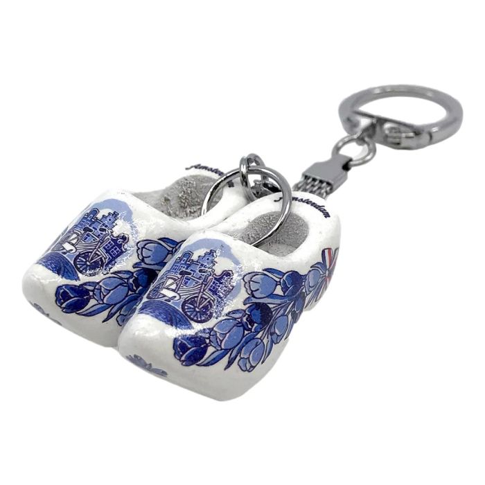 Sleutelhanger Grachtenhuisjes 2 delfts blauwe houten klompjes 