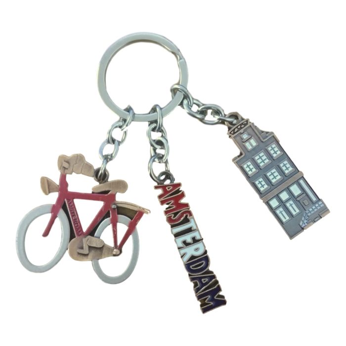 Sleutelhanger met bedels "Amsterdam, Fiets, Grachtenhuis"