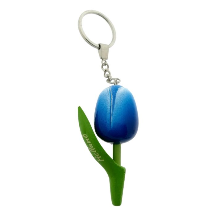 Sleutelhanger Houten Tulp Blauw/Wit Holland, 8 cm