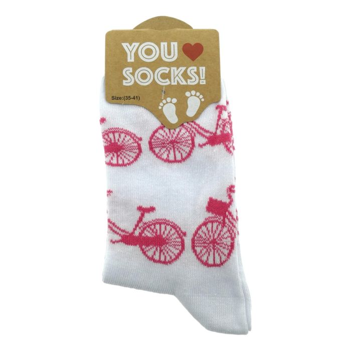 Ladies Socks "White with Pink Bicycles" 35-41