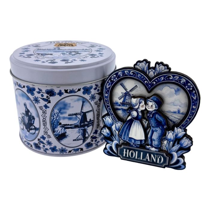Stroopwafels in Delfts Blauw Blik Kussend Paar – Cadeauverpakking