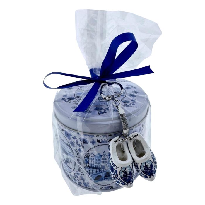 Delfts Blauw Traditioneel Blik met Stroopwafels en sleutelhanger